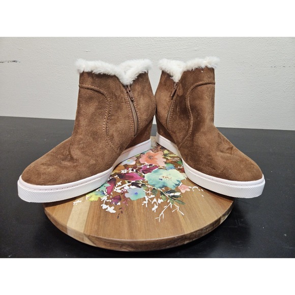 a.n.a *NEW* Wedge Brown Faux Suede/Fur Lined Ankle WARM Bootie Sz W/8.5 NWOB - Picture 5 of 12